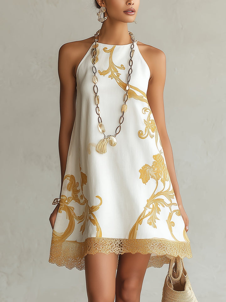 Héloïse | Mini Robe en Dentelle Blanche avec Motifs Dorés