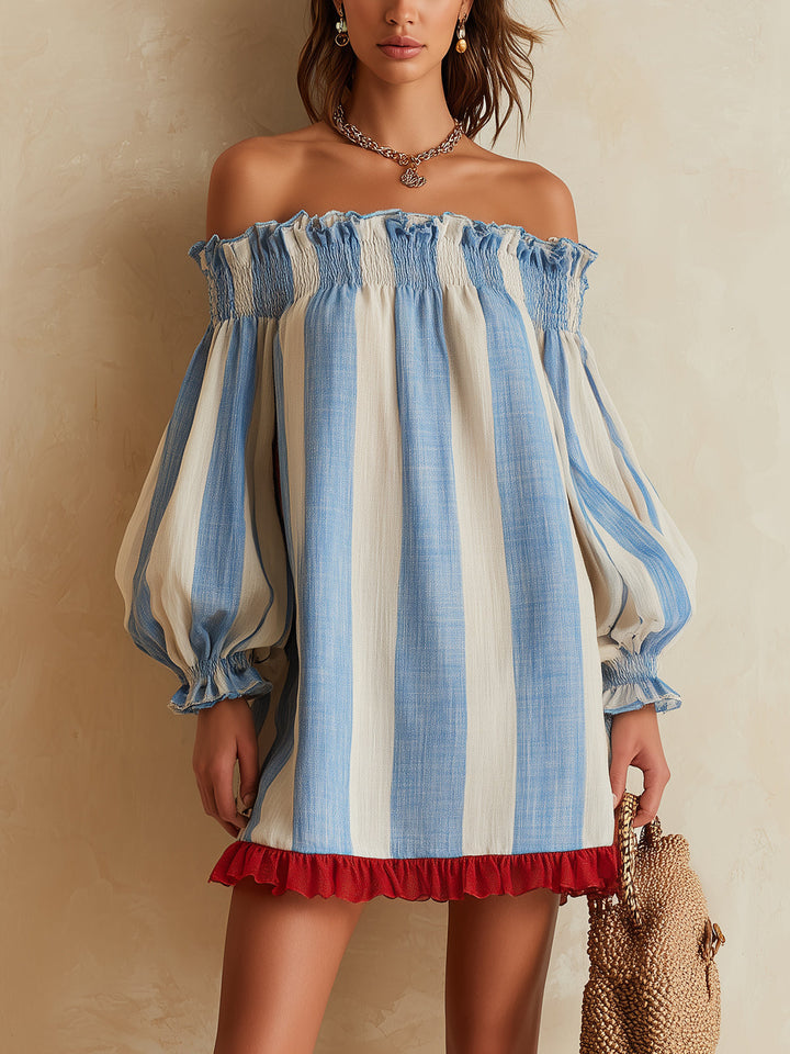 Ondine | Mini Robe Rayée Bleu et Blanc à Épaules Dénudées avec Ourlet Contrasté