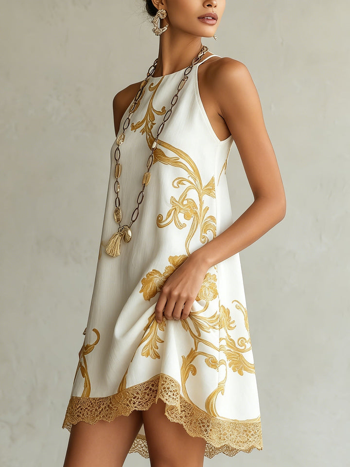 Héloïse | Mini Robe en Dentelle Blanche avec Motifs Dorés