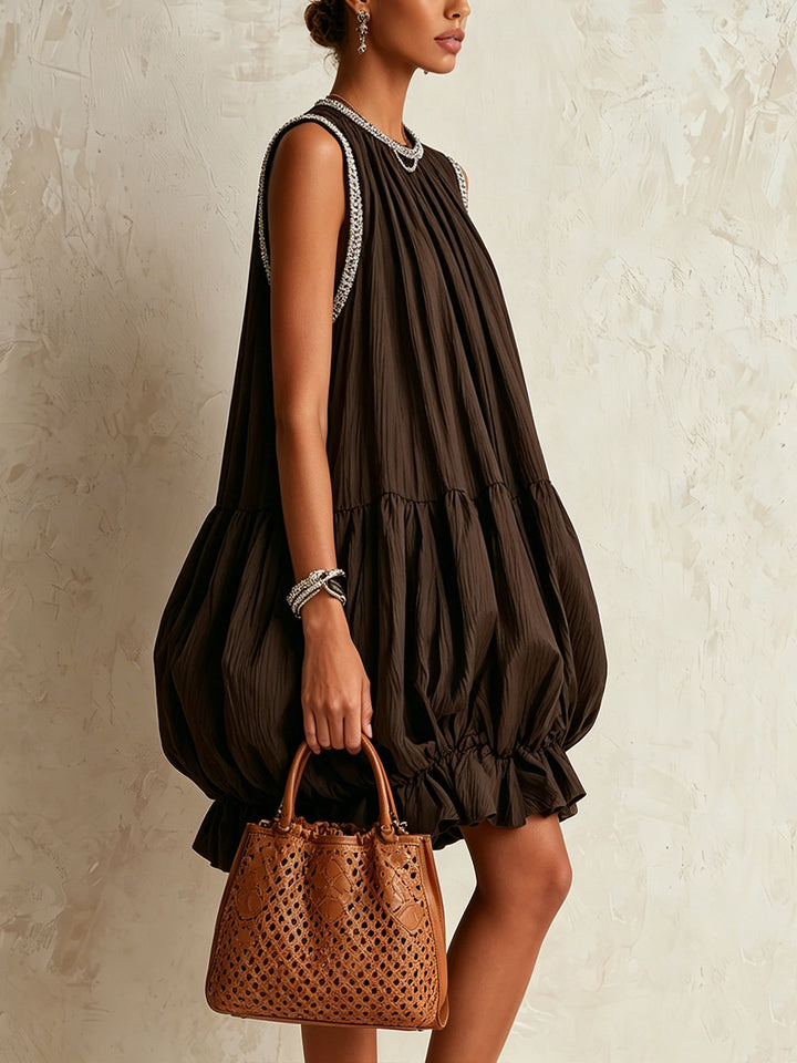 Colette | Robe Mini Sans Manches Marron avec Ourlet Bouffant