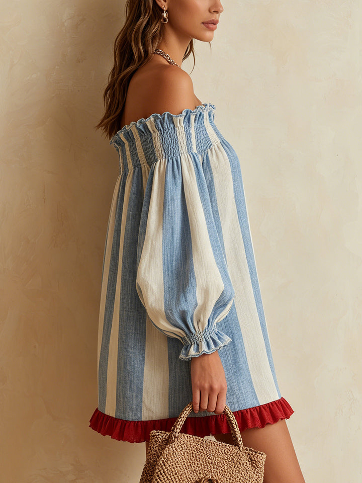 Ondine | Mini Robe Rayée Bleu et Blanc à Épaules Dénudées avec Ourlet Contrasté
