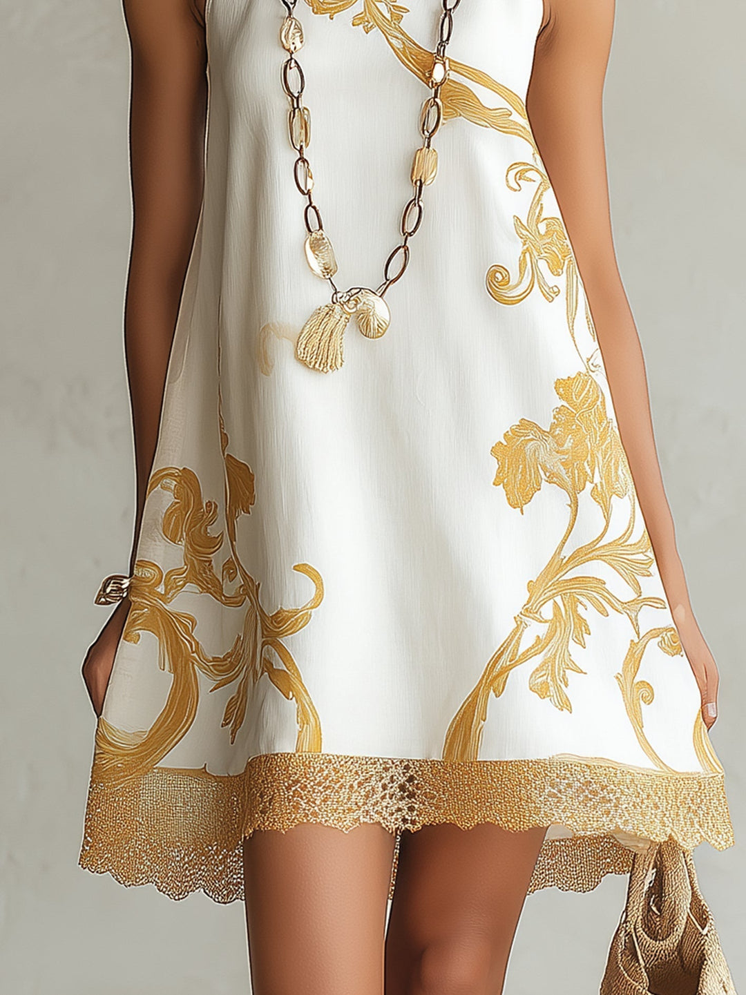 Héloïse | Mini Robe en Dentelle Blanche avec Motifs Dorés