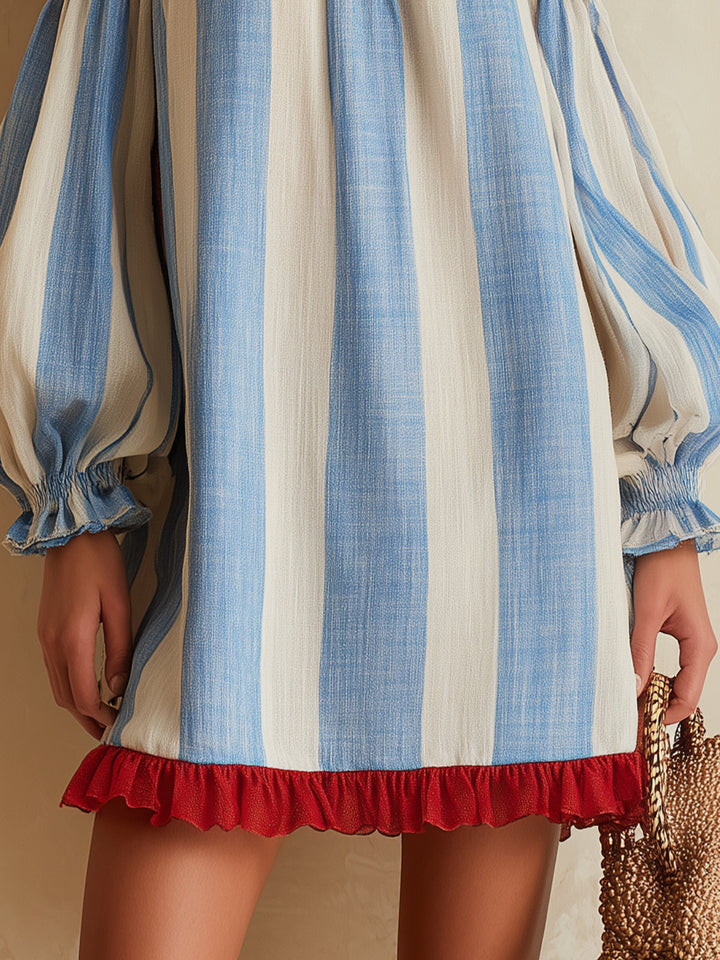 Ondine | Mini Robe Rayée Bleu et Blanc à Épaules Dénudées avec Ourlet Contrasté