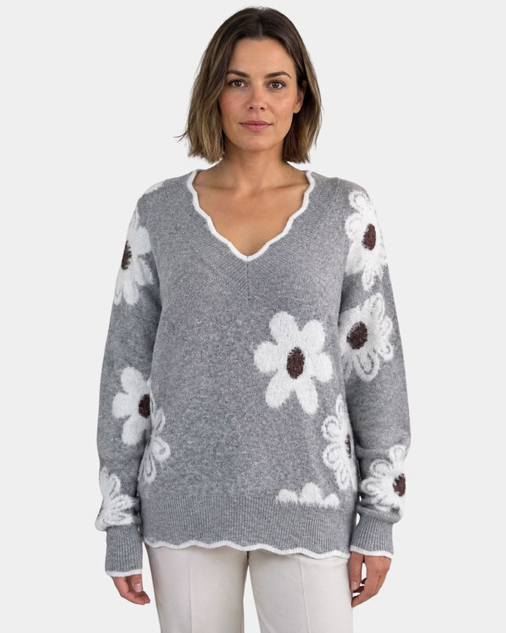 PAULA | ÉLÉGANT TRICOT FLORAL AVEC COL EN V