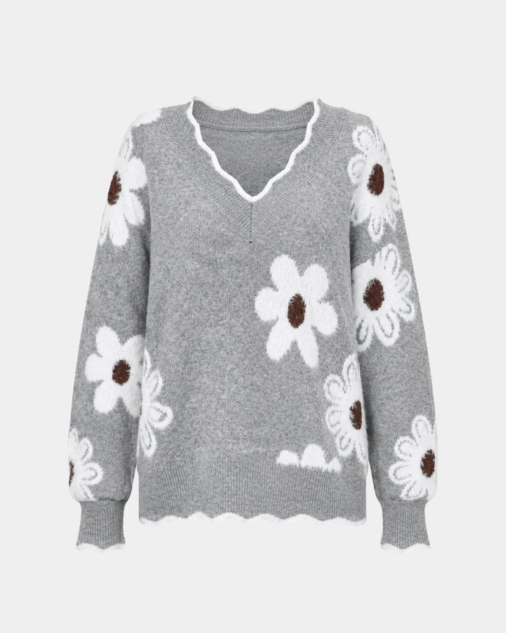 PAULA | ÉLÉGANT TRICOT FLORAL AVEC COL EN V