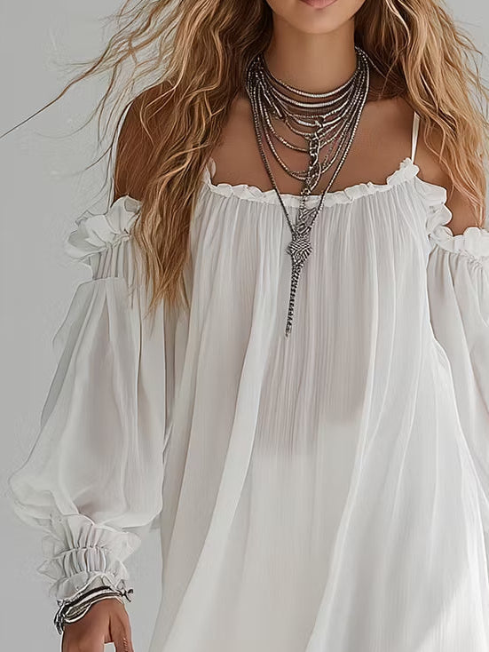 Mélusine | Robe Mini Fluide Bohème à Épaules Nues