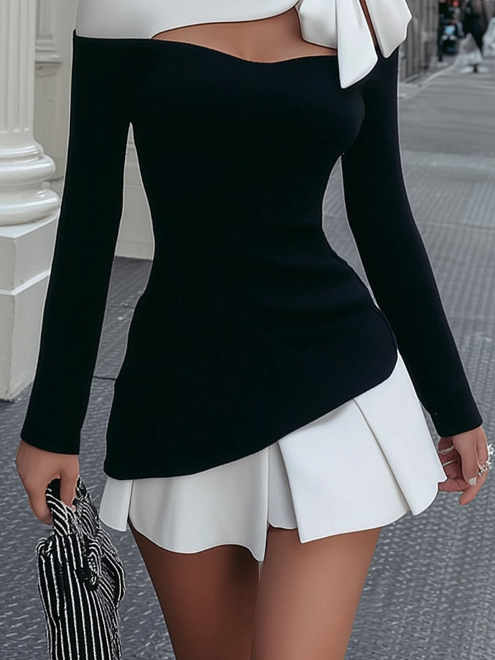 Faustine | Mini Robe Blanche et Noire à Bretelles avec Nœud Intégré