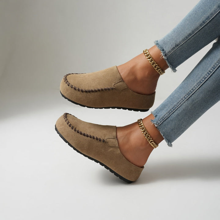 Nanette™ — Bicolore Suede Moccasins with Natural Comfort Stitching