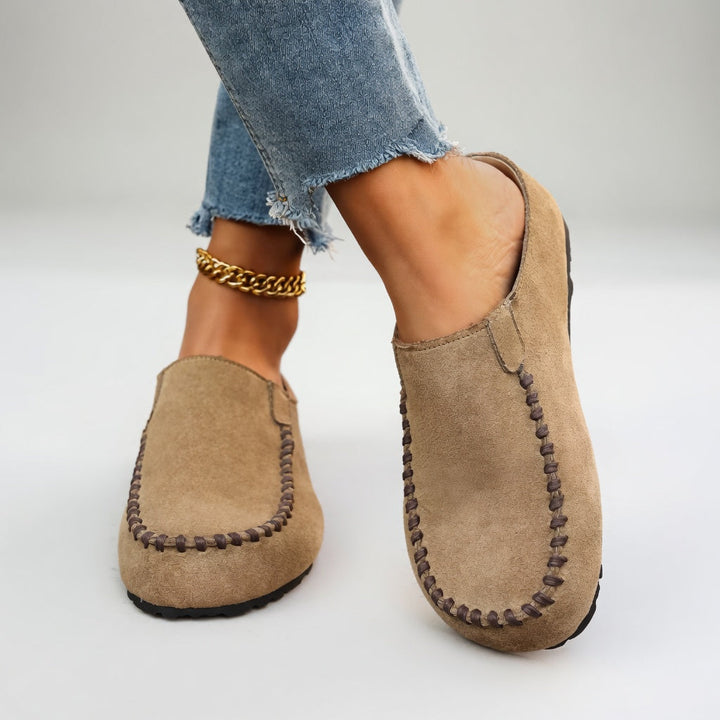 Nanette™ — Bicolore Suede Moccasins with Natural Comfort Stitching