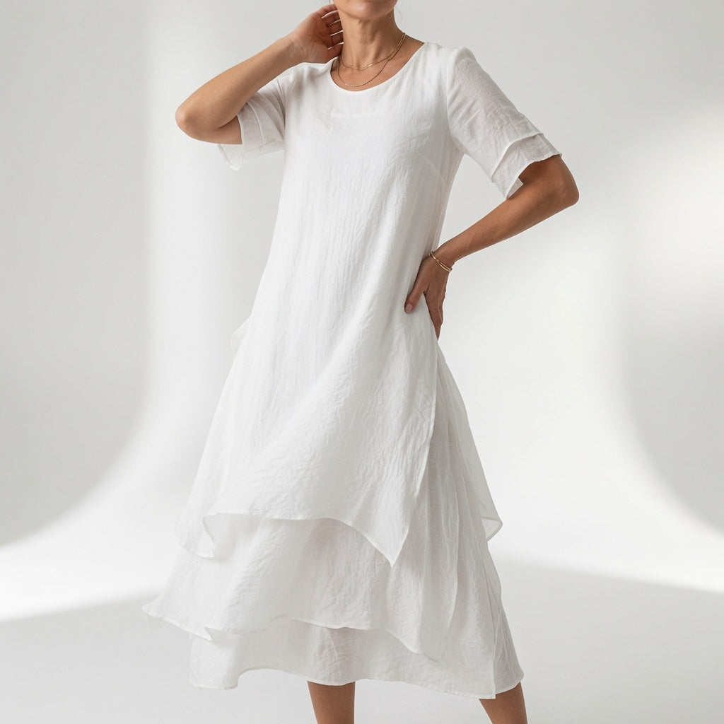 Stratéline™ — Robe midi à superposition, manches courtes et ourlet asymétrique