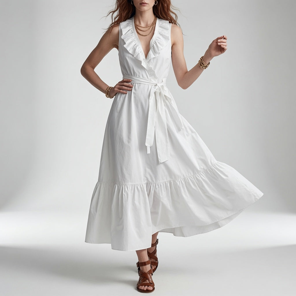 Frênaie™ — Robe Maxi Élégante à Col V avec Volants et Ceinture