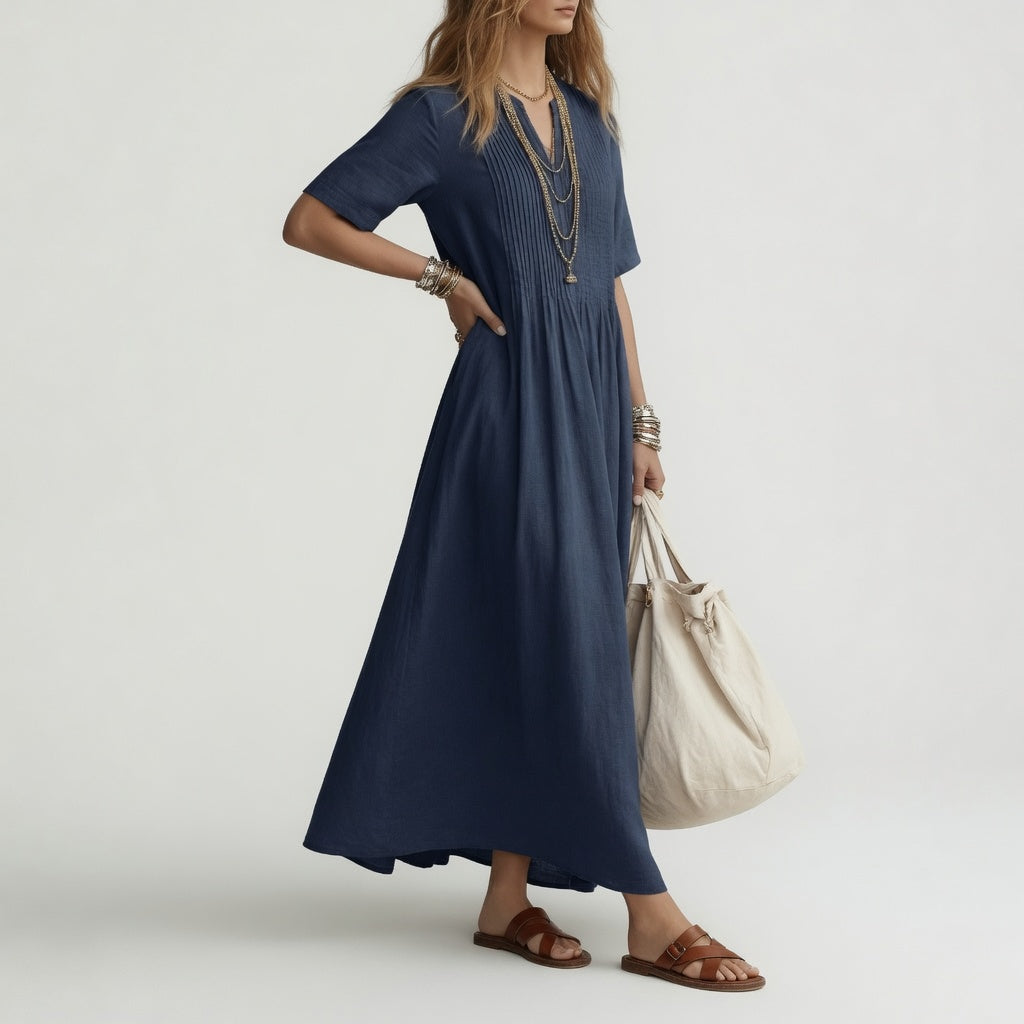 Pélagie™ — Robe Longue en Coton à Col V pour un Été Libre
