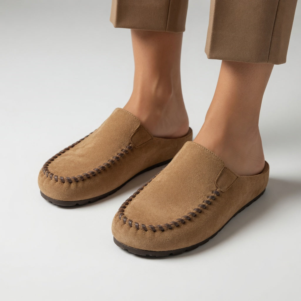 Nanette™ — Bicolore Suede Moccasins with Natural Comfort Stitching
