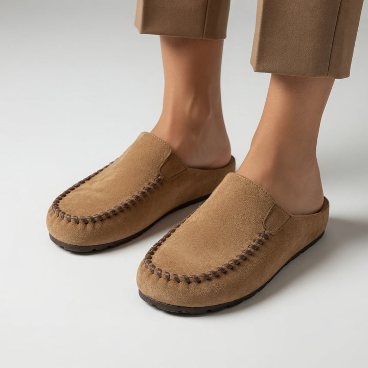 Nanette™ — Bicolore Suede Moccasins with Natural Comfort Stitching