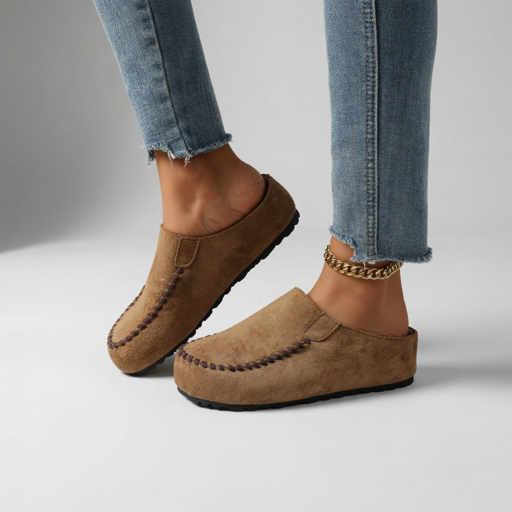Nanette™ — Bicolore Suede Moccasins with Natural Comfort Stitching