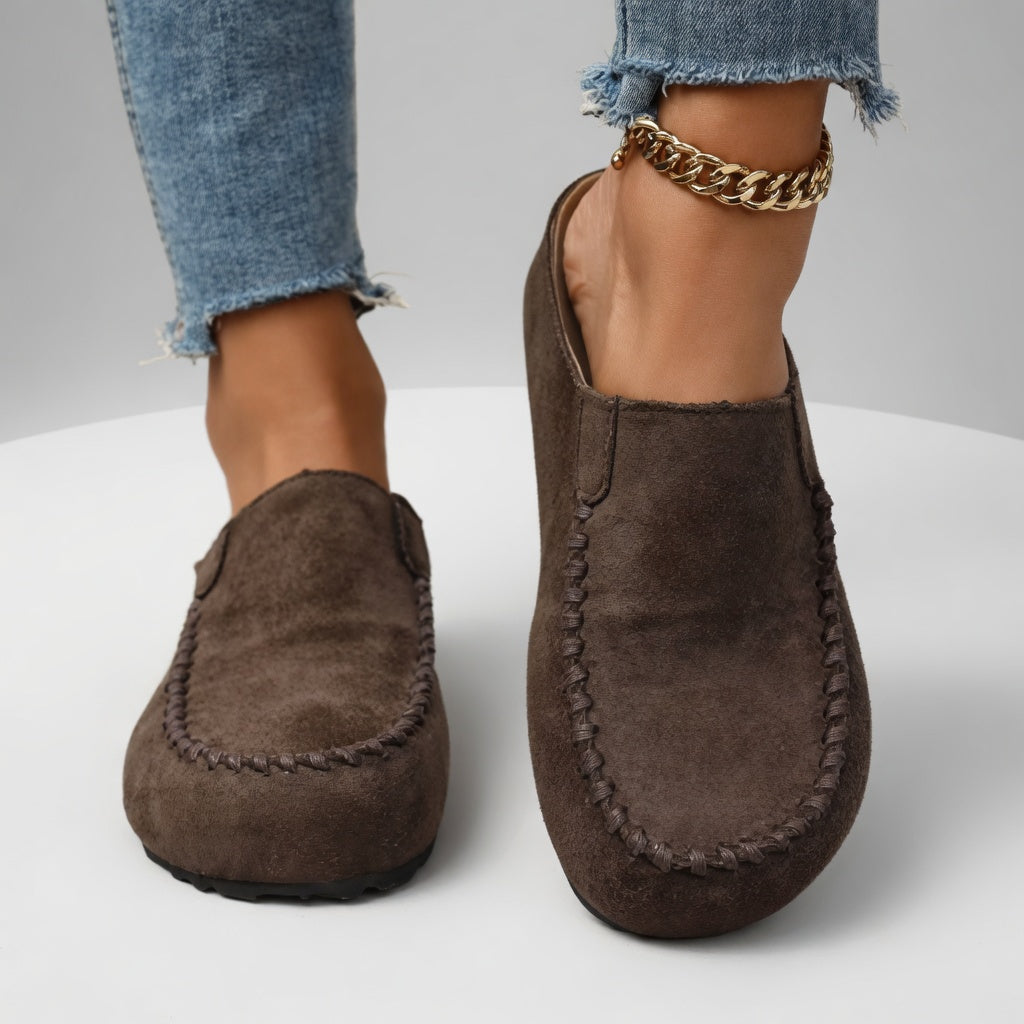 Nanette™ — Bicolore Suede Moccasins with Natural Comfort Stitching