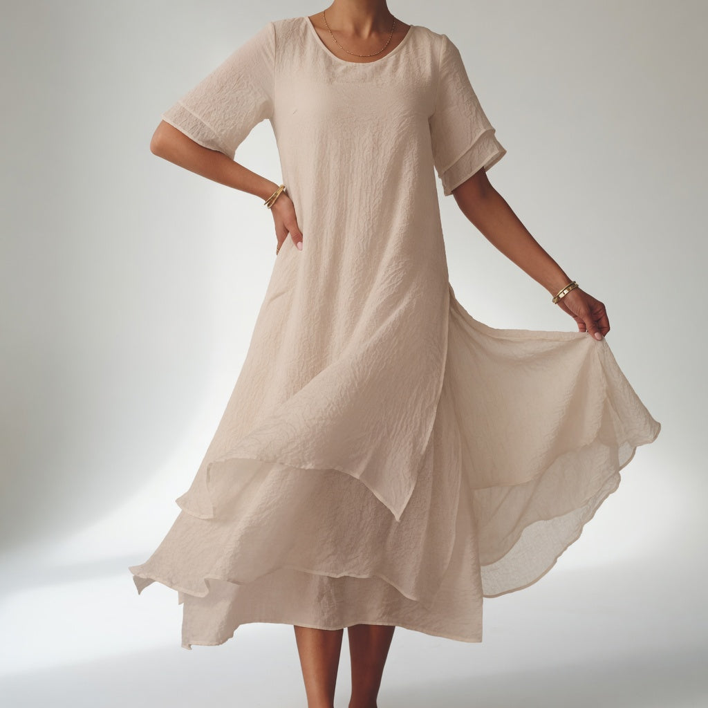 Stratéline™ — Robe midi à superposition, manches courtes et ourlet asymétrique