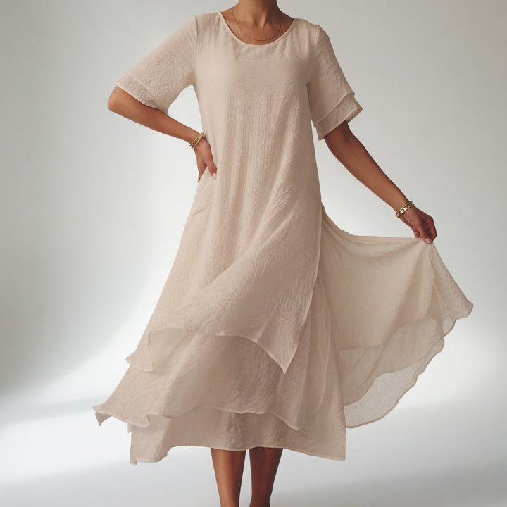 Stratéline™ — Robe midi à superposition, manches courtes et ourlet asymétrique