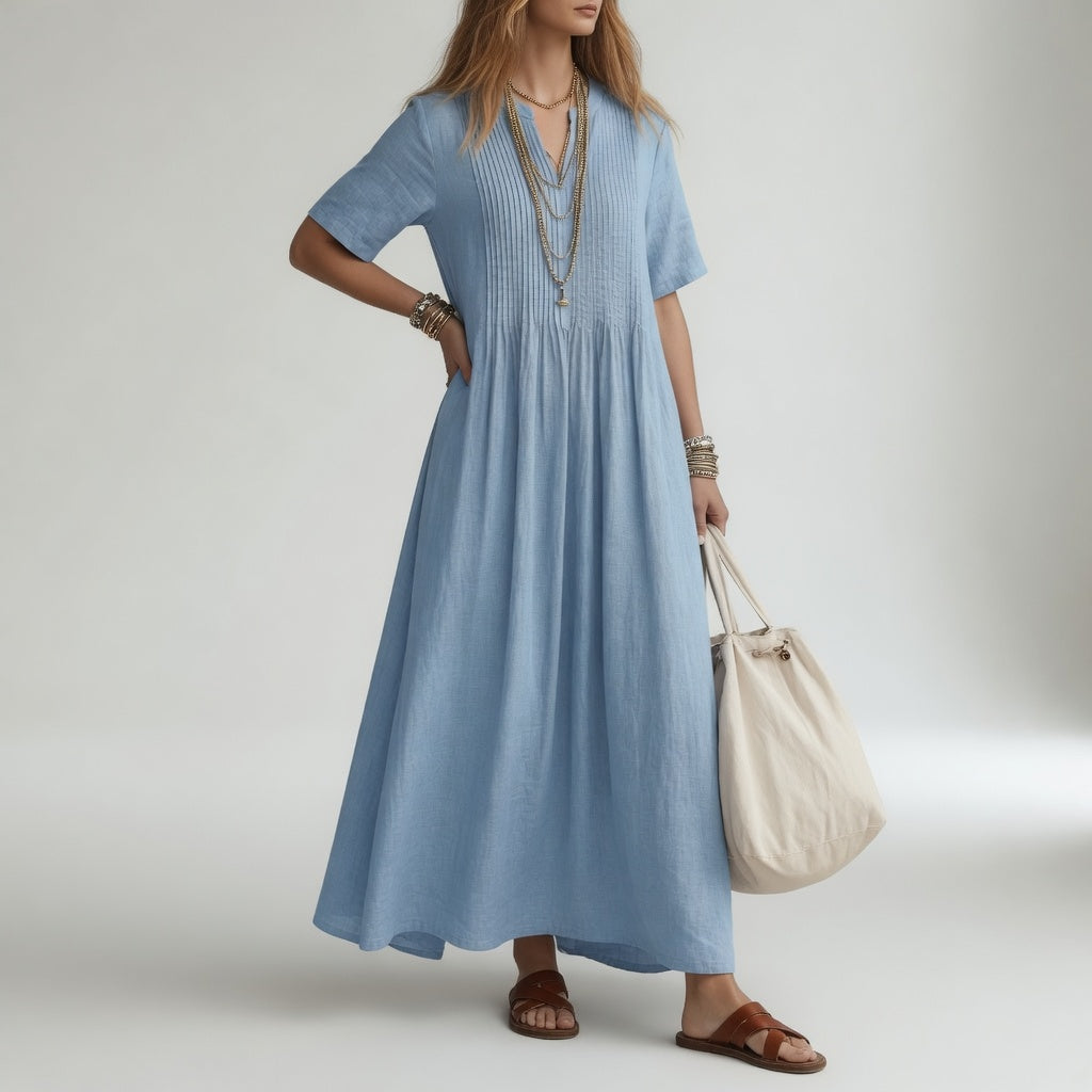 Pélagie™ — Robe Longue en Coton à Col V pour un Été Libre