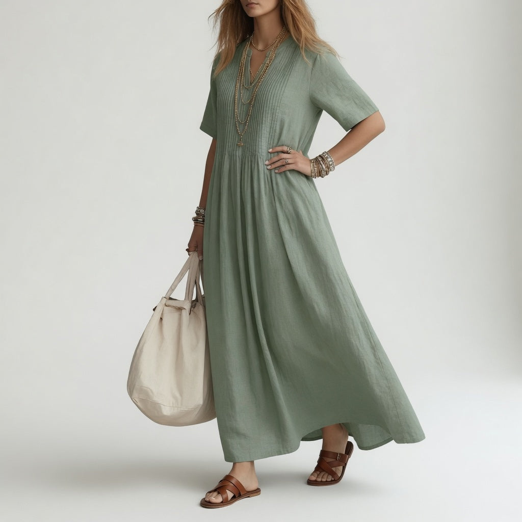 Pélagie™ — Robe Longue en Coton à Col V pour un Été Libre