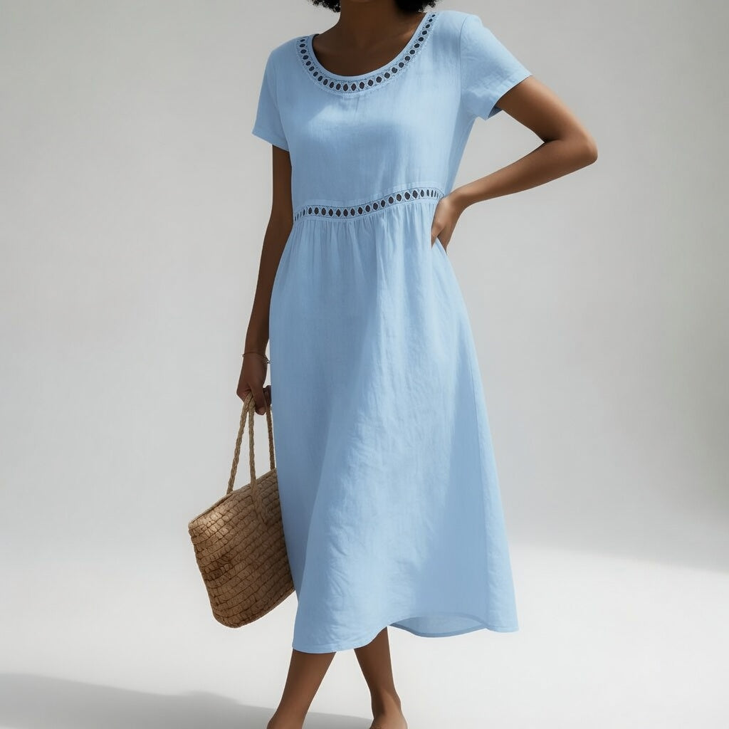 Pernelle™ — Robe mi-longue en coton 100% brodée, élégance douce