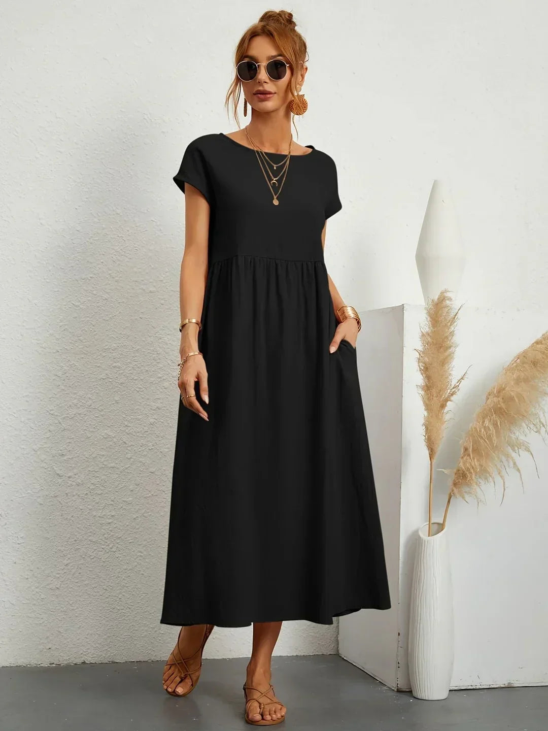 Gabrielle™ — Robe Midi Élégante en Tissu Fluide