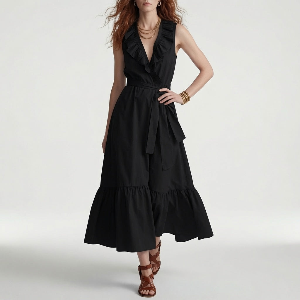 Frênaie™ — Robe Maxi Élégante à Col V avec Volants et Ceinture