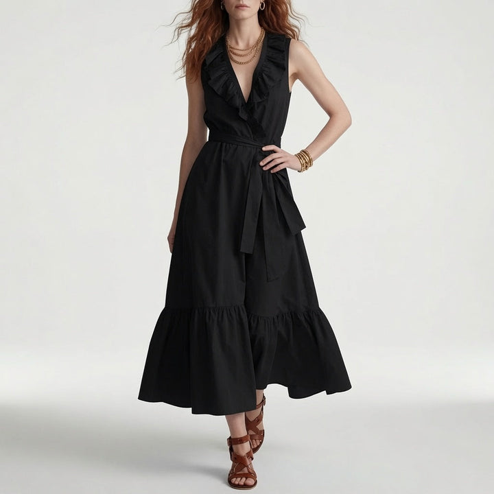 Frênaie™ — Robe Maxi Élégante à Col V avec Volants et Ceinture