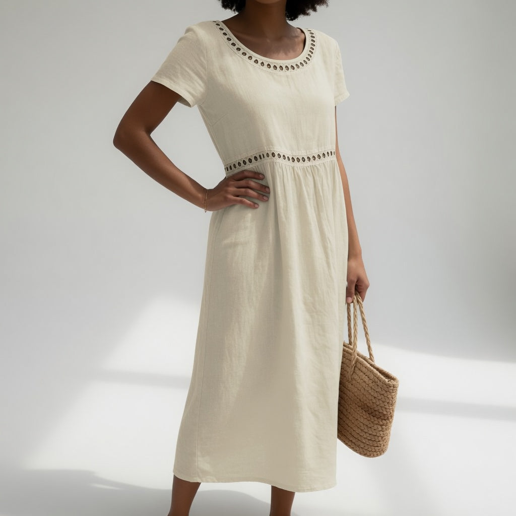 Pernelle™ — Robe mi-longue en coton 100% brodée, élégance douce