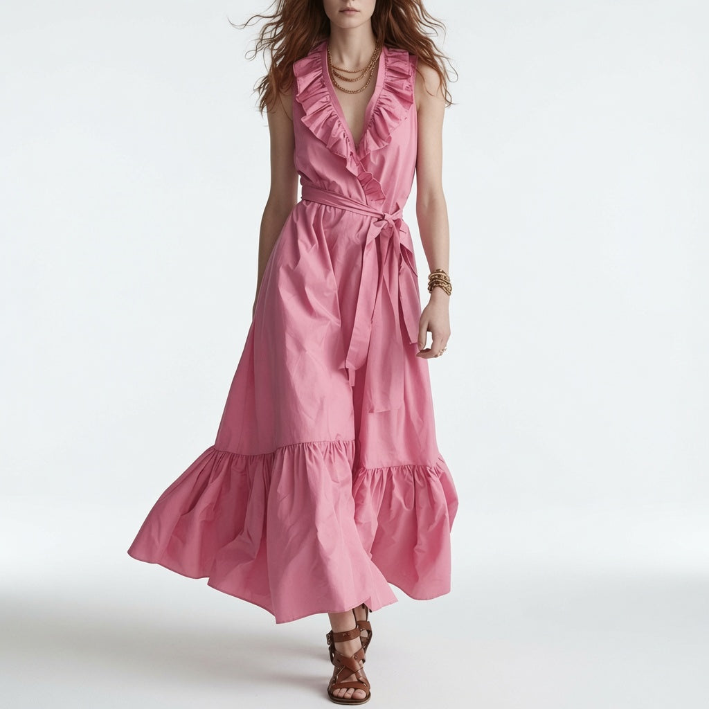 Frênaie™ — Robe Maxi Élégante à Col V avec Volants et Ceinture
