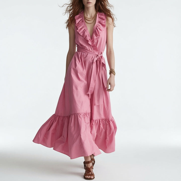 Frênaie™ — Robe Maxi Élégante à Col V avec Volants et Ceinture