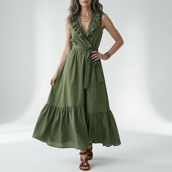 Frênaie™ — Robe Maxi Élégante à Col V avec Volants et Ceinture