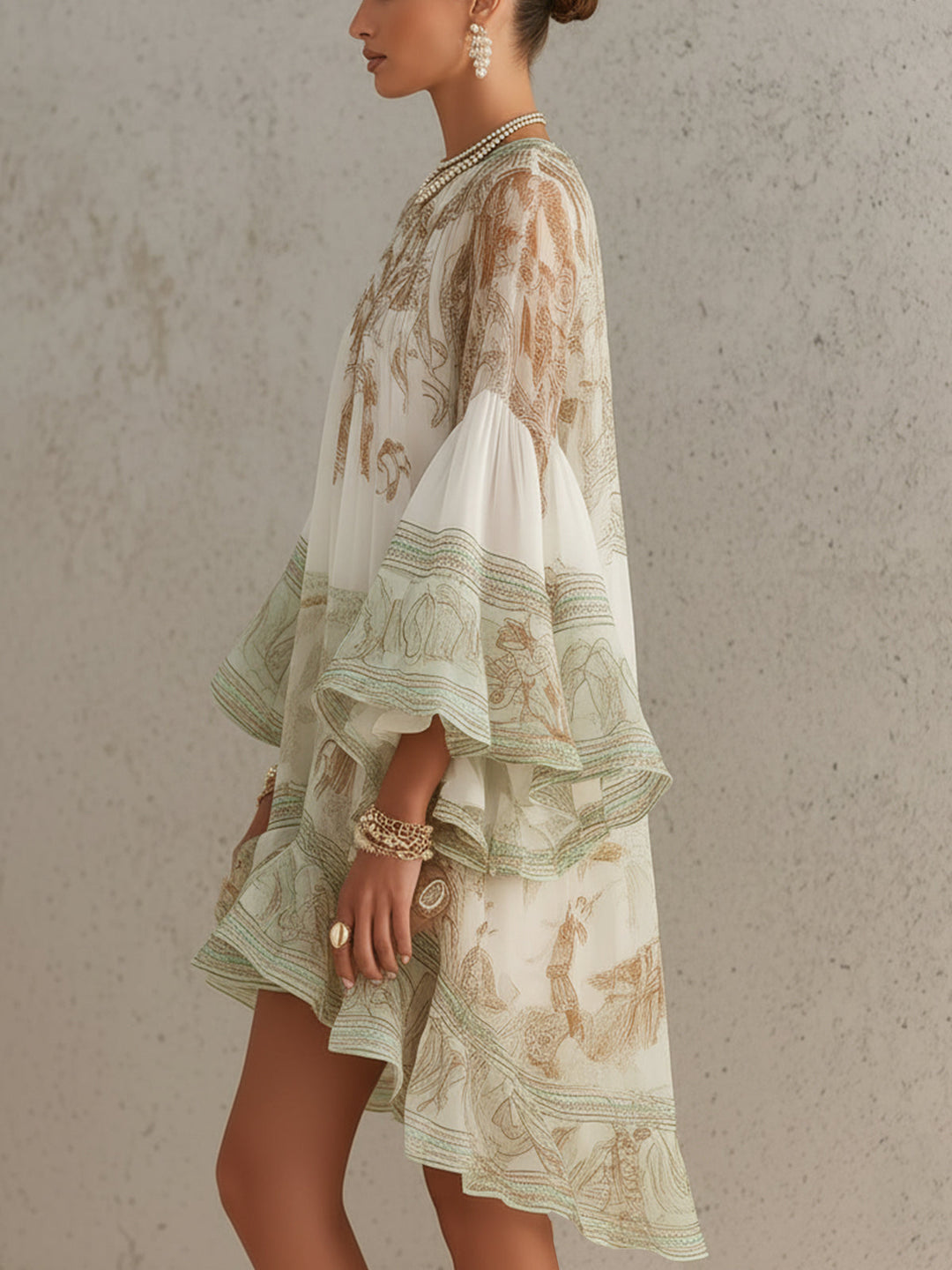 Rosalie | Mini Robe en Mousseline avec Manches Volantes et Ourlet Rayé Vert