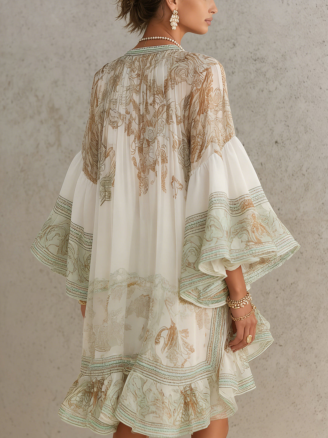 Rosalie | Mini Robe en Mousseline avec Manches Volantes et Ourlet Rayé Vert