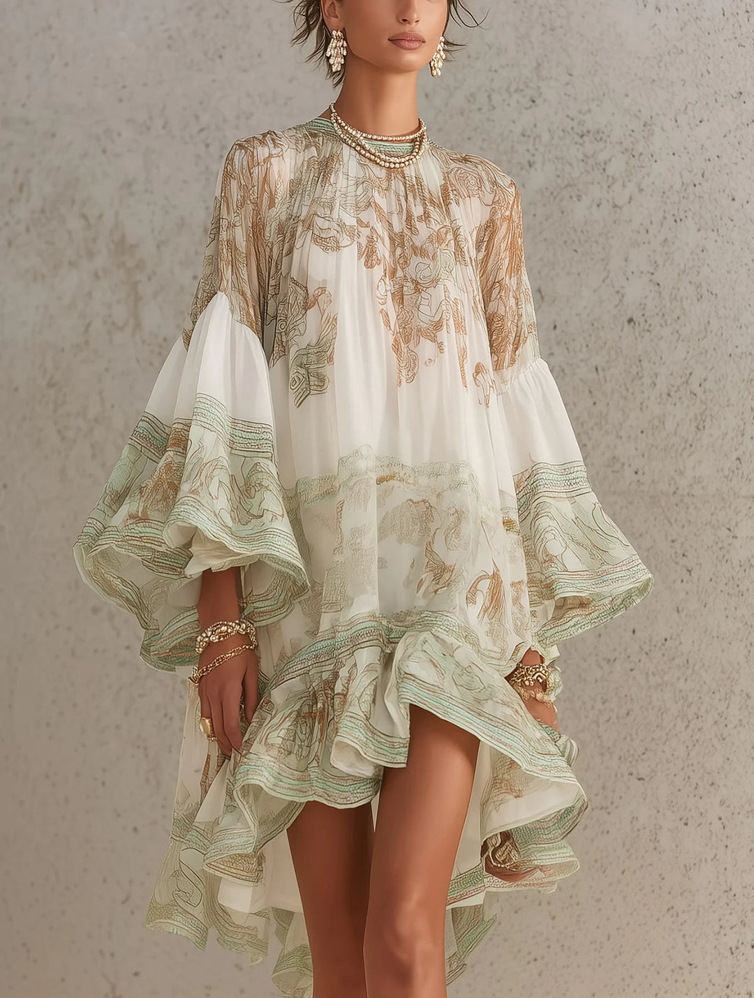 Rosalie | Mini Robe en Mousseline avec Manches Volantes et Ourlet Rayé Vert
