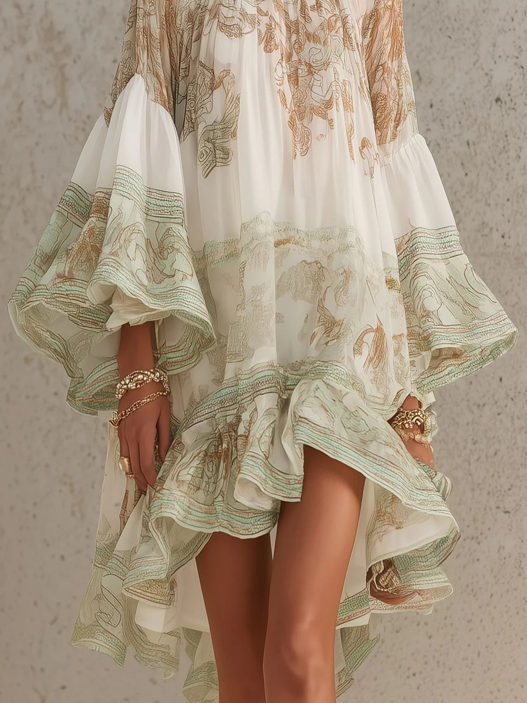 Rosalie | Mini Robe en Mousseline avec Manches Volantes et Ourlet Rayé Vert