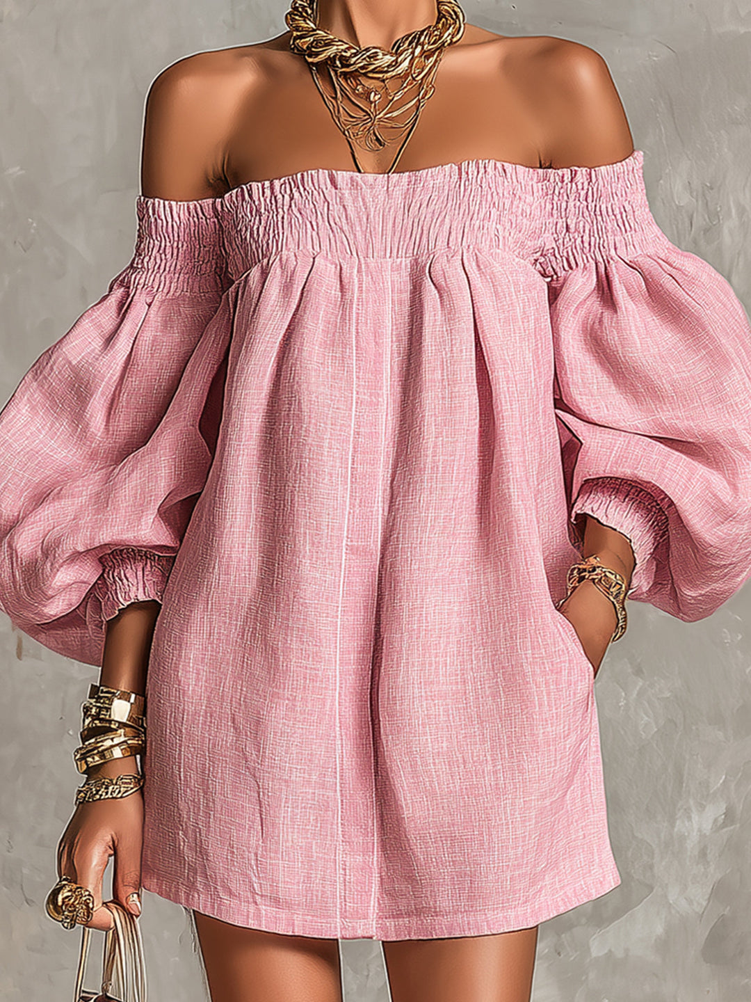 Violette | Robe Mini Trapèze Rose avec Manches Lanterne et Épaules Dénudées
