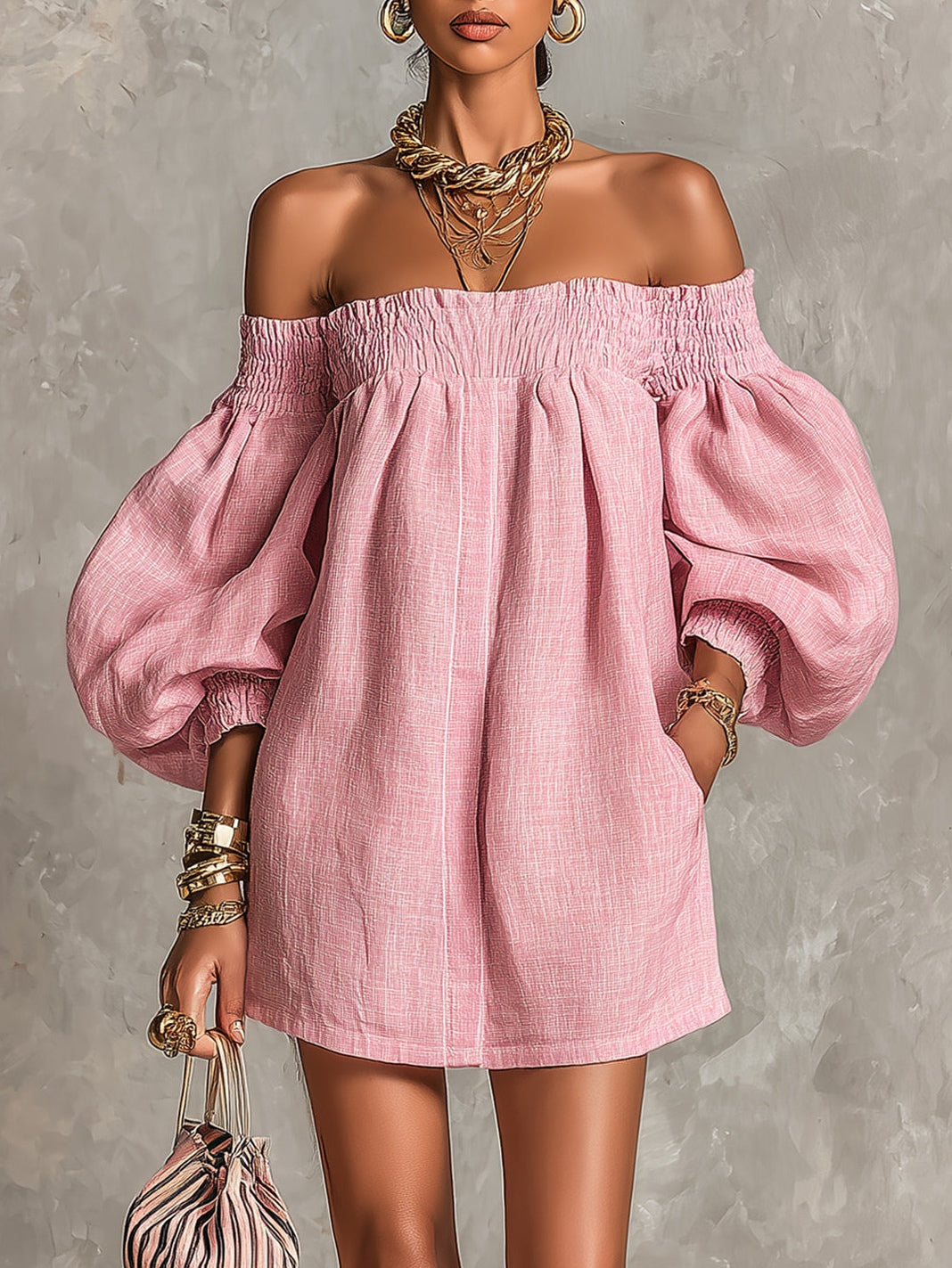 Violette | Robe Mini Trapèze Rose avec Manches Lanterne et Épaules Dénudées