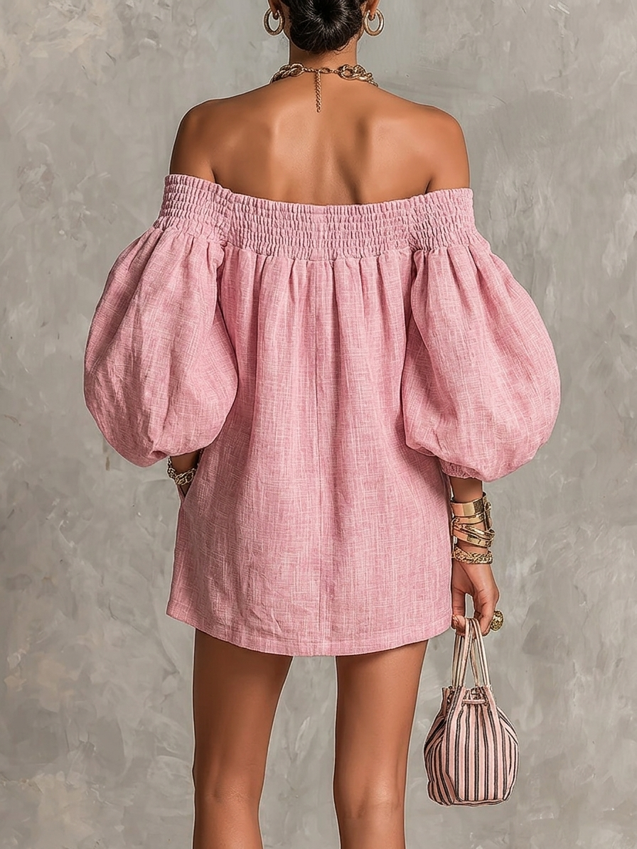 Violette | Robe Mini Trapèze Rose avec Manches Lanterne et Épaules Dénudées