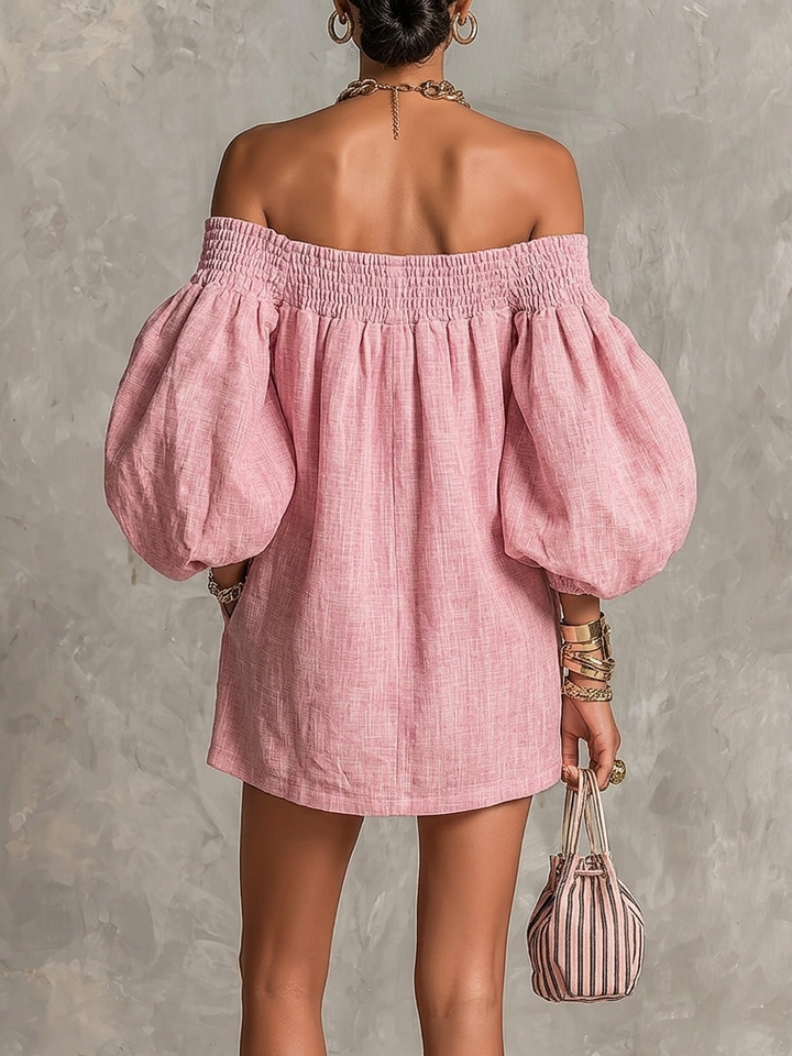Violette | Robe Mini Trapèze Rose avec Manches Lanterne et Épaules Dénudées