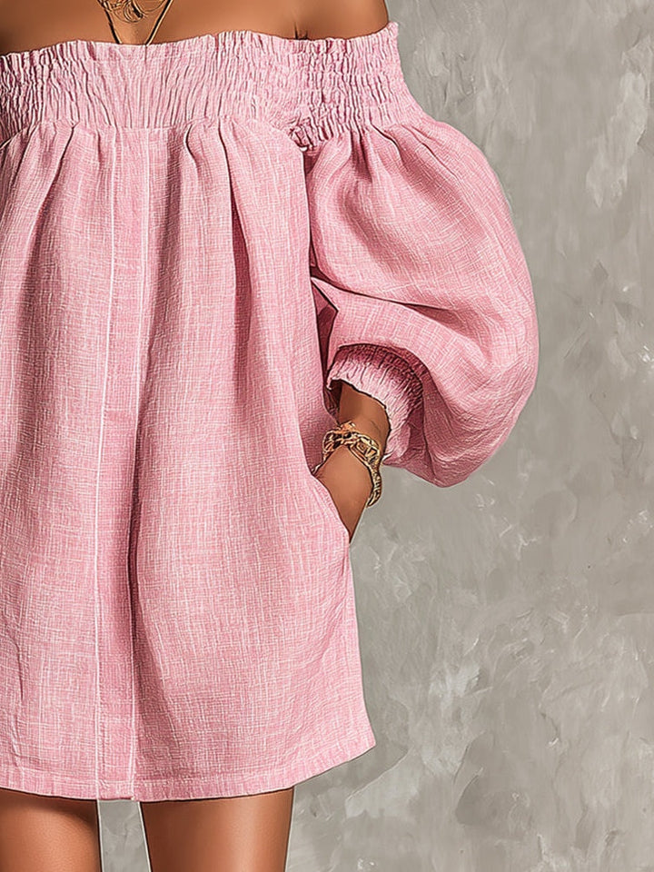 Violette | Robe Mini Trapèze Rose avec Manches Lanterne et Épaules Dénudées