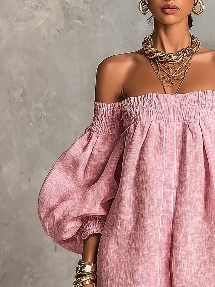 Violette | Robe Mini Trapèze Rose avec Manches Lanterne et Épaules Dénudées