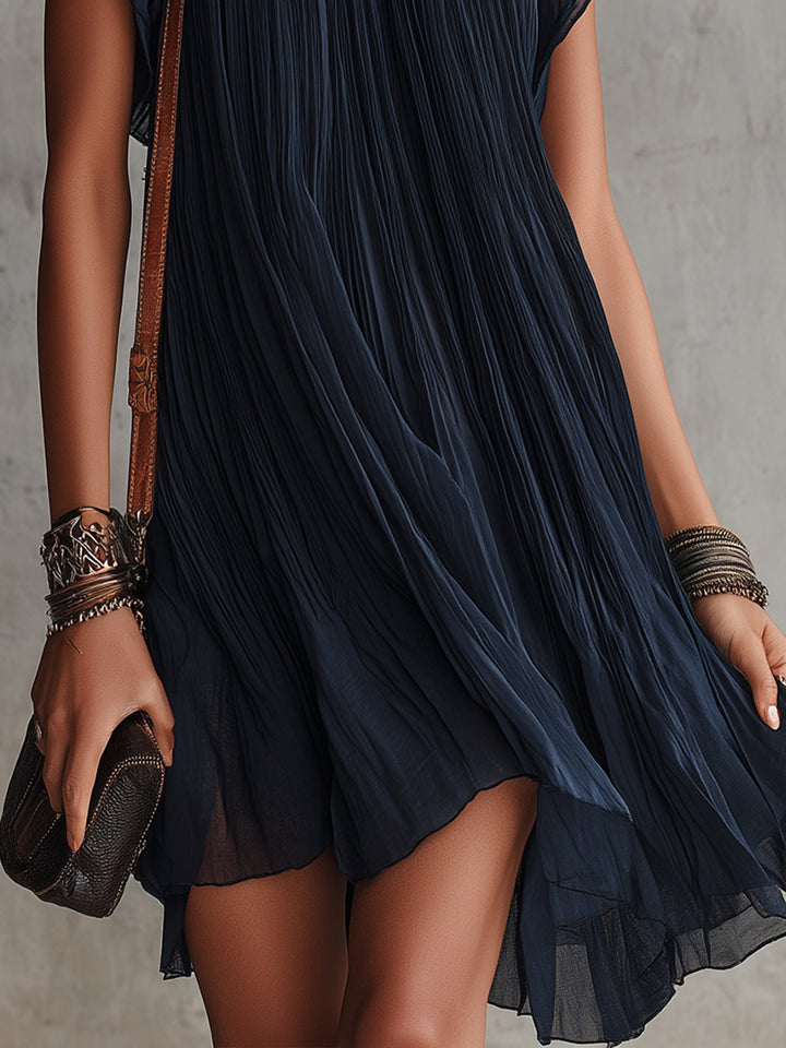Apolline | Mini Plissé Dress in Embroidered Navy Blue Chiffon