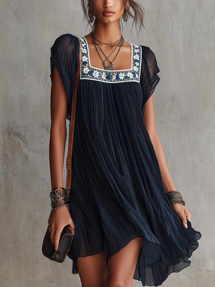 Apolline | Mini Plissé Dress in Embroidered Navy Blue Chiffon