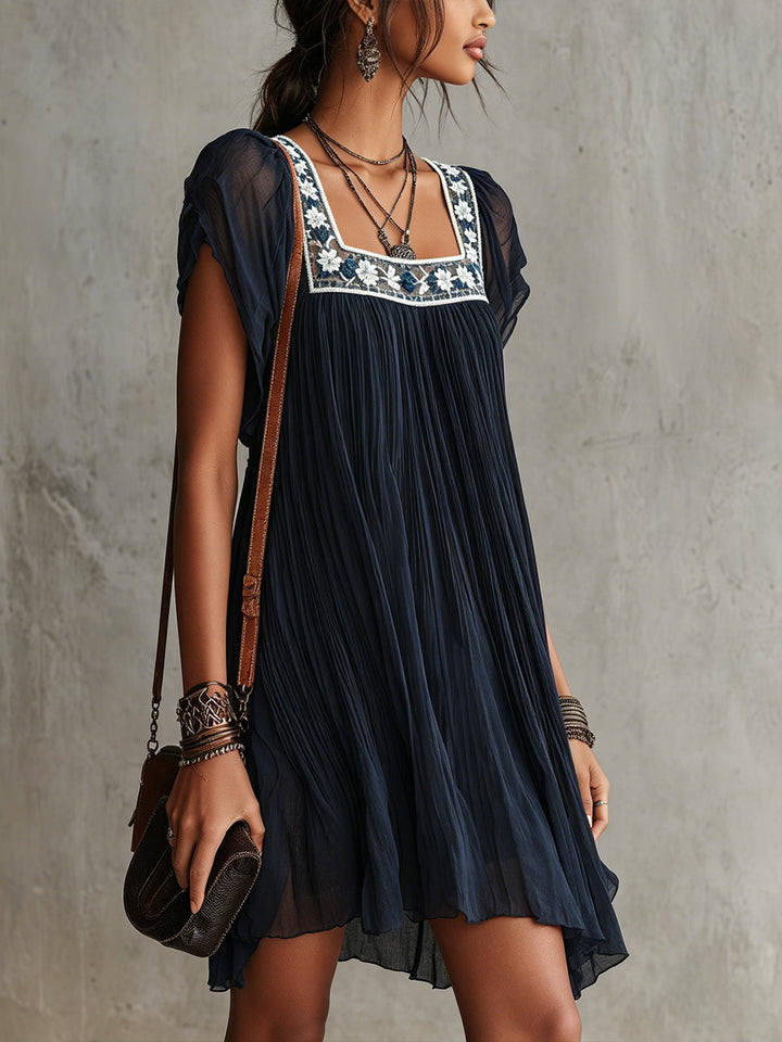 Apolline | Mini Plissé Dress in Embroidered Navy Blue Chiffon