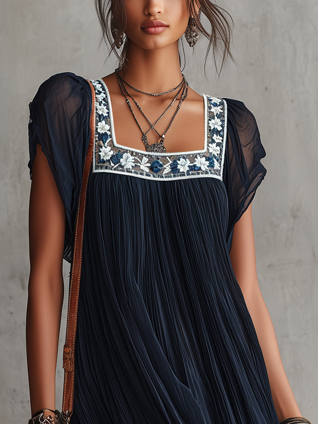 Apolline | Mini Plissé Dress in Embroidered Navy Blue Chiffon