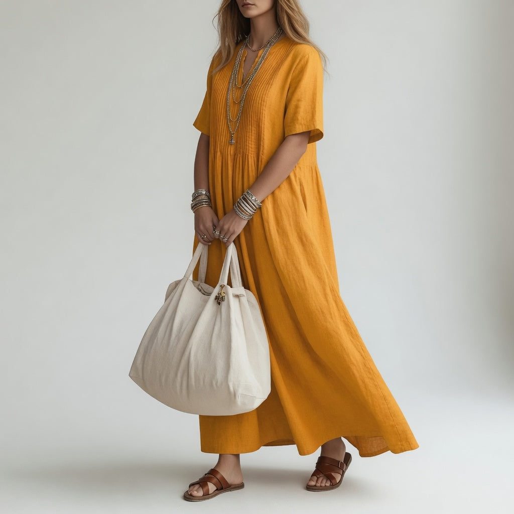 Pélagie™ — Robe Longue en Coton à Col V pour un Été Libre