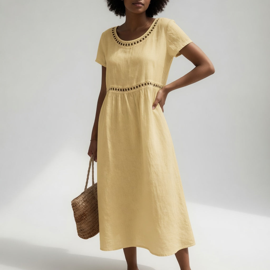 Pernelle™ — Robe mi-longue en coton 100% brodée, élégance douce