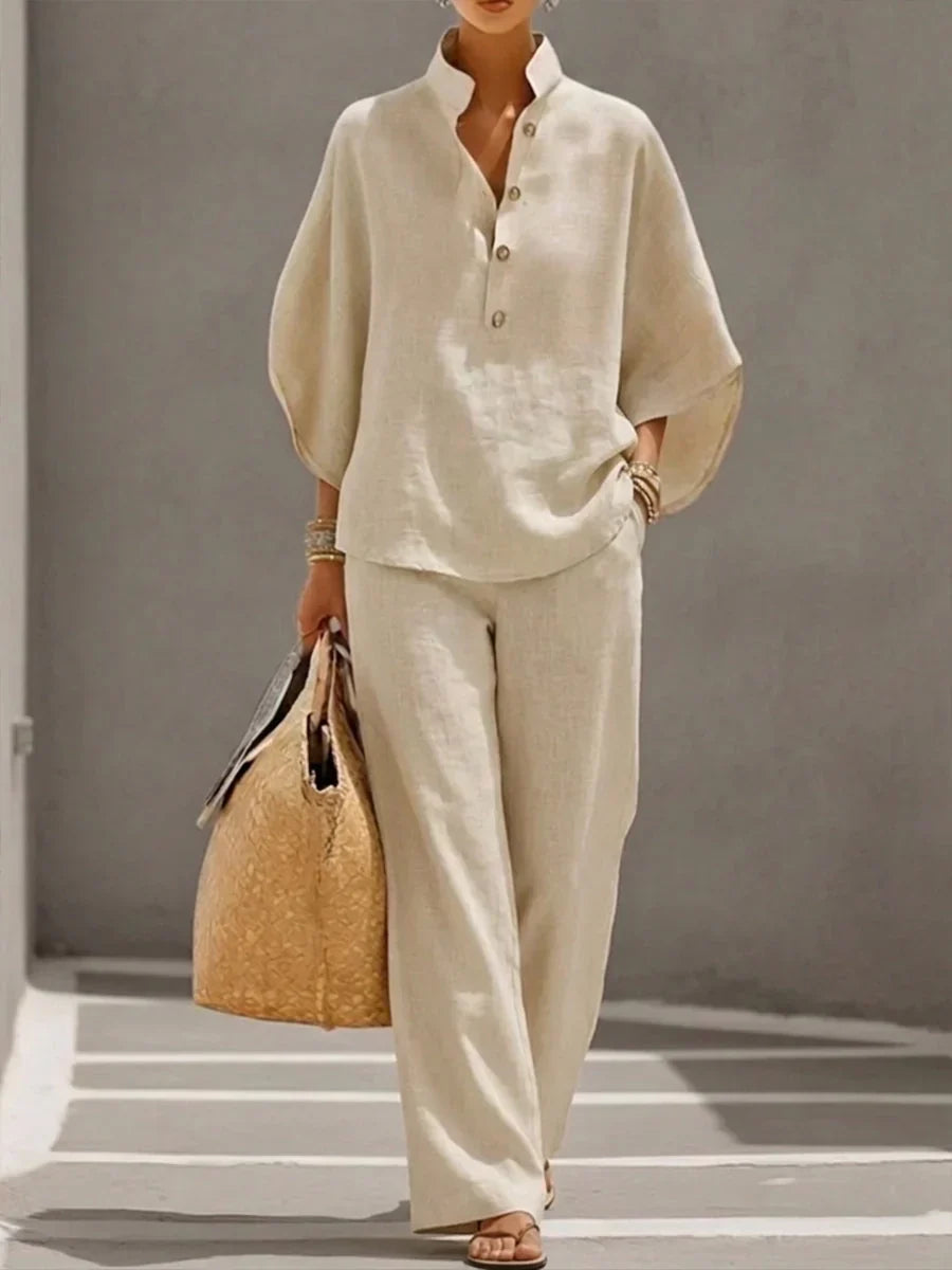 Maribel | Ensemble en lin à manches chauve-souris et pantalon ample