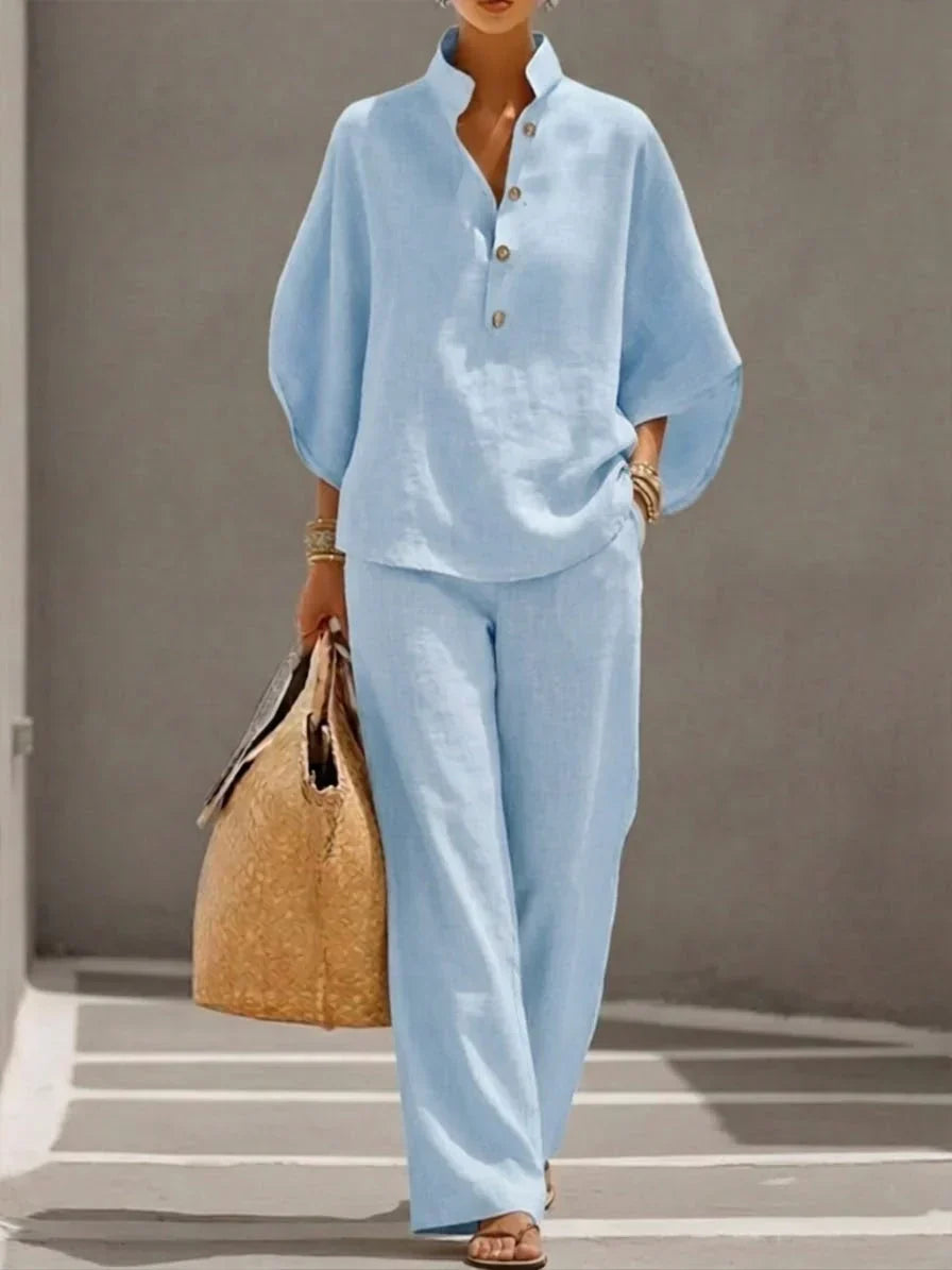 Maribel | Ensemble en lin à manches chauve-souris et pantalon ample